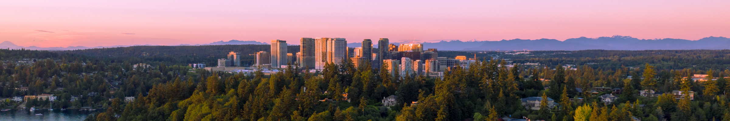 A gorgeous pink sunset draps the Bellevue Washington City Skyline in yellow and pink shadows with evergreen trees in the foreground and dusty blue mountains in the background